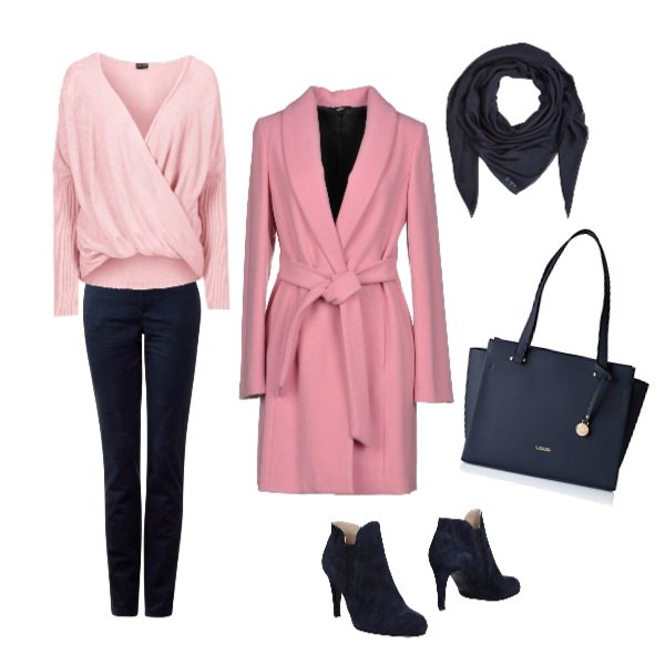 Outfit donna - Il cappotto avvolgente. Stile Bon Ton per Ufficio. Abbinamento con cappotto collo con revers a maniche lunghe interno foderato in flanella tinta unita, stivaletti effetto scamosciato a punta tinta unita, pullover con scollo, borsa blu, chino.