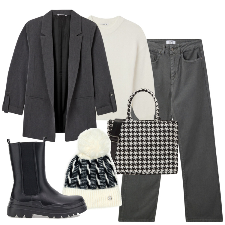 Outfit donna - Troviamoci a pranzo. Stile Urban per Tutti i giorni. Abbinamento con pantaloni, blazer, maglieria, shopping bag, stivaletti chelsea, berretti.