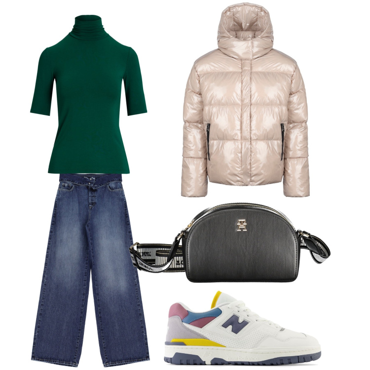 Outfit donna - Aperitivo. Stile Trendy per Tutti i giorni. Abbinamento con sneakers, jeans, maglieria, blazer, borse a tracolla.
