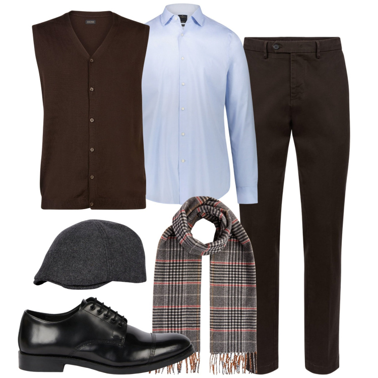 Outfit uomo - In ufficio. Stile Business/Elegante per Ufficio. Abbinamento con pantaloni chino, camicie, cappelli con visiera, gilet, scarpe stringate, sciarpe.
