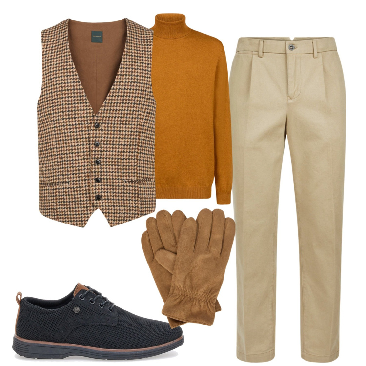 Outfit uomo - City. Stile Urban per Tutti i giorni. Abbinamento con scarpe stringate, pantaloni, gilet, maglieria, guanti.