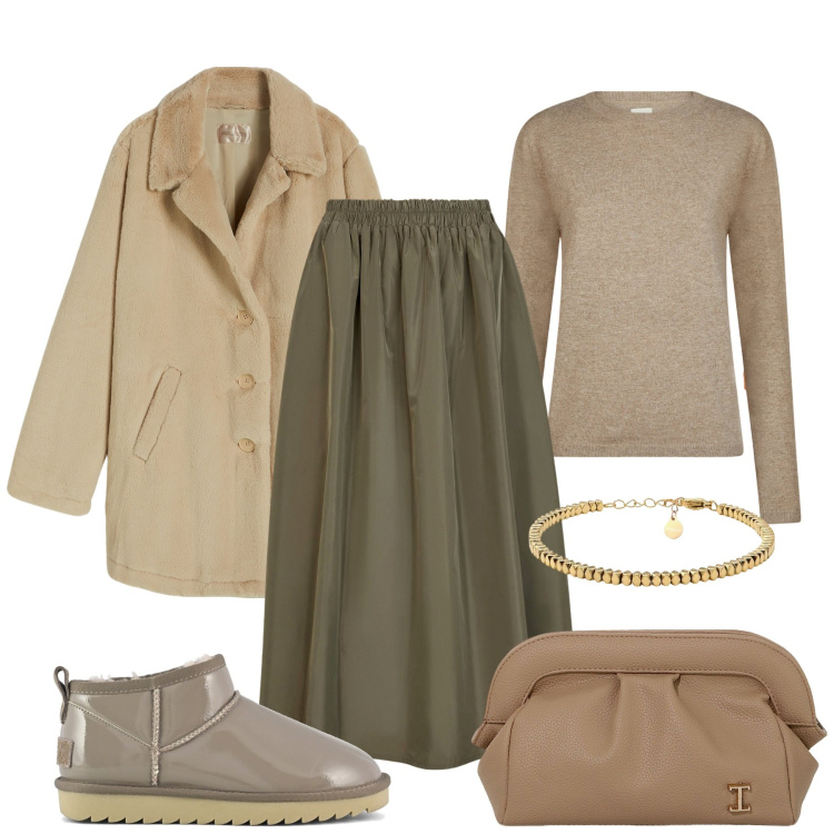 Outfit donna - Toni neutri. Stile Basic per Tutti i giorni. Abbinamento con borse a mano, cappotti, braccialetti, gonne lunghe, stivali, maglieria.