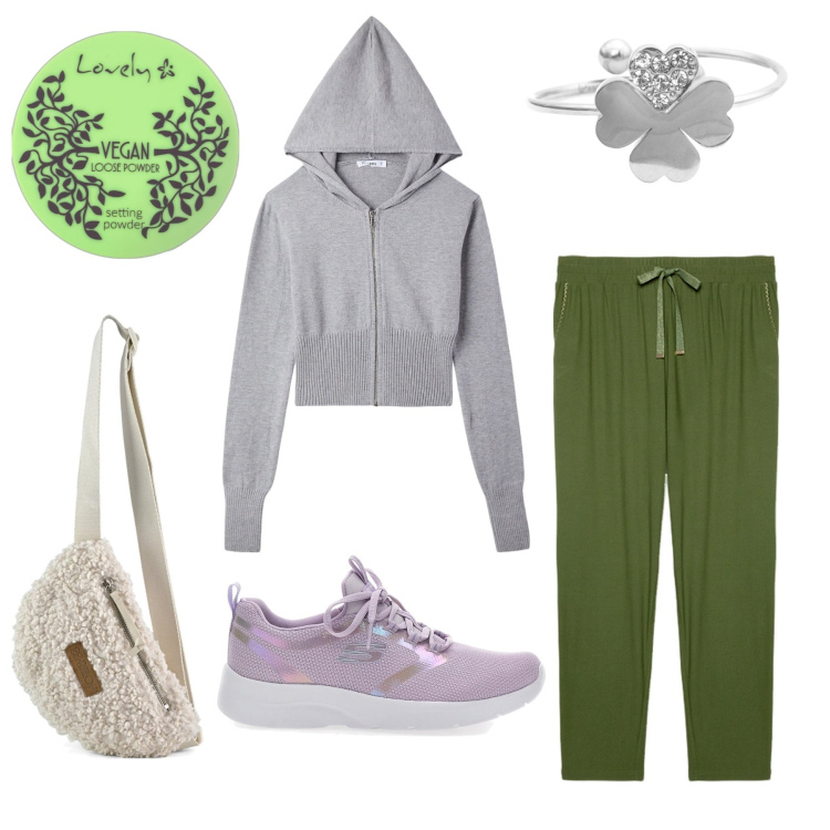 Outfit donna - Elf. Stile Casual per Sport. Abbinamento con ciprie, felpe, anelli, marsupi, pantaloni, sneakers.