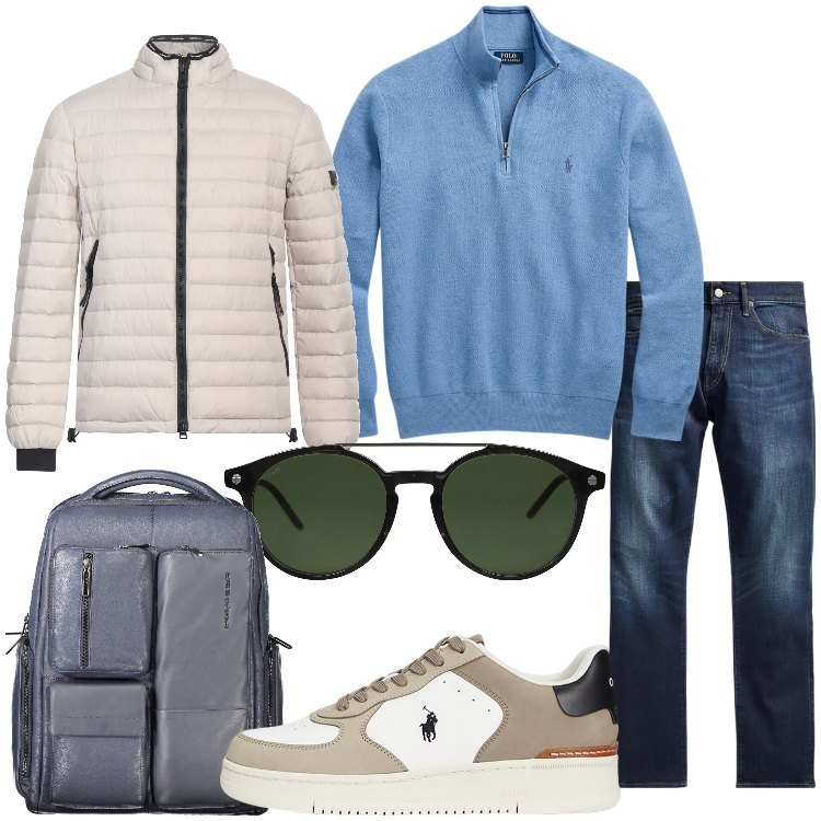 Outfit uomo - Weekend casual. Stile Casual per Tutti i giorni. Abbinamento con piumini, occhiali da sole, jeans, maglieria, sneakers, borse sportive.