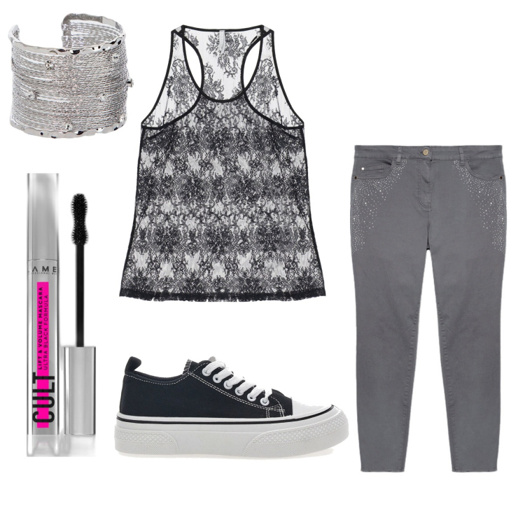 Outfit donna - Urban grey. Stile Urban per Tutti i giorni. Abbinamento con mascara, canottiere, braccialetti, sneakers, jeans skinny.