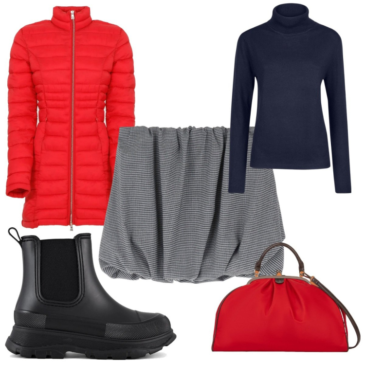 Outfit donna - Cena con le amiche: in rosso. Stile Trendy per Serata fuori. Abbinamento con piumini, minigonne, stivali, borse a spalla, maglieria.