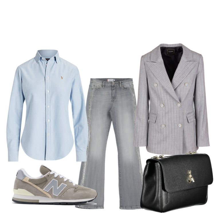 Outfit donna - Dai nonni in visita. Stile Basic per Tutti i giorni. Abbinamento con sneakers, blazer, jeans a zampa, camicie, borse a spalla.