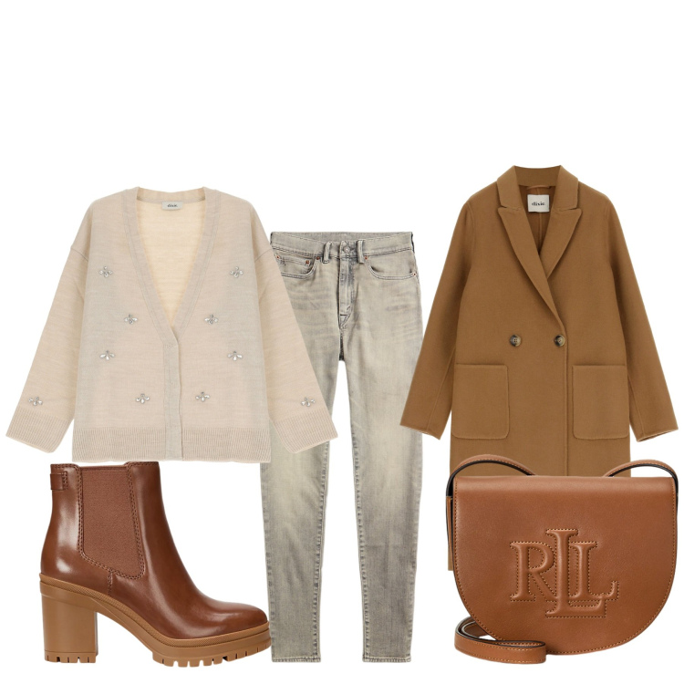 Outfit donna - Jeans sfumato. Stile Basic per Tutti i giorni. Abbinamento con cappotti, cardigans, borse a tracolla, jeans skinny, stivaletti chelsea.