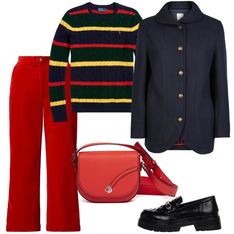 Outfit donna - Avvento. Stile Casual per Tutti i giorni. Abbinamento con mocassini, pantaloni, maglieria, blazer, borse a tracolla.