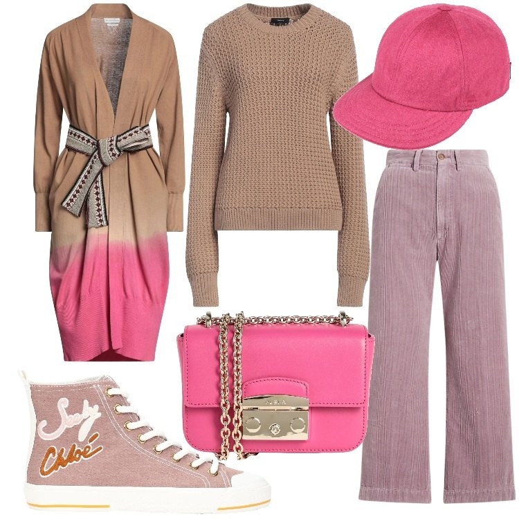 Outfit donna - New spirit. Stile Trendy per Tutti i giorni. Abbinamento con cardigans, borse a spalla, cappelli, sneakers alte, pullovers, pantaloni.