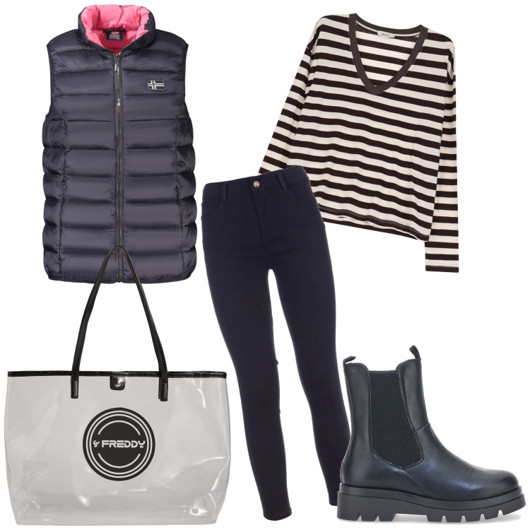 Outfit donna - Domenica al mare. Stile Casual per Mare. Abbinamento con jeans skinny, shopping bag, maglieria, stivaletti chelsea, blazer.