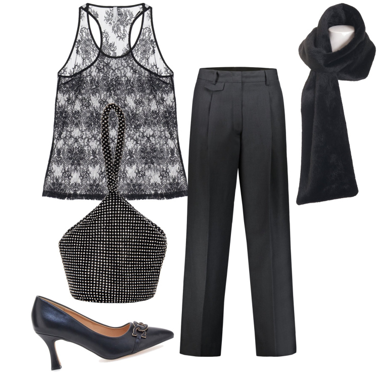 Outfit donna - Cin cin. Stile Glamour per Serata fuori. Abbinamento con pochette, foulard, canottiere, pantaloni, décolleté.