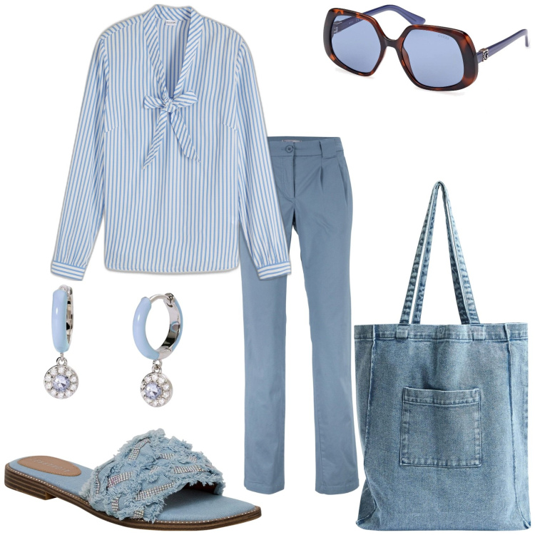 Outfit donna - Mi voglio in blu. Stile Casual per Tutti i giorni. Abbinamento con pantaloni chino, bluse, shopping bag, ciabatte, orecchini, occhiali da sole.