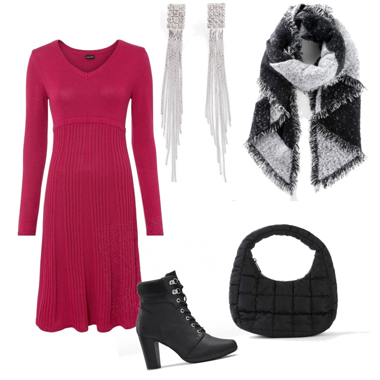 Outfit donna - Gli orecchini scintillanti. Stile Trendy per Serata fuori. Abbinamento con orecchini, stivaletti, vestiti, borse a mano, sciarpe.
