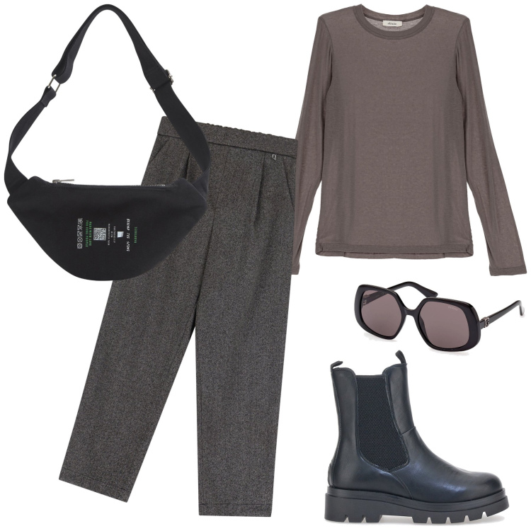 Outfit donna - Colazione al bar. Stile Casual per Tutti i giorni. Abbinamento con marsupi, pantaloni, maglieria, stivaletti chelsea, occhiali da sole.