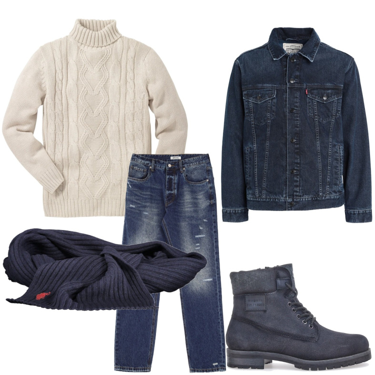 Outfit uomo - in love with denim. Stile Urban per Tutti i giorni. Abbinamento con maglieria, jeans, jeans dritti, stivali e stivaletti, sciarpe.
