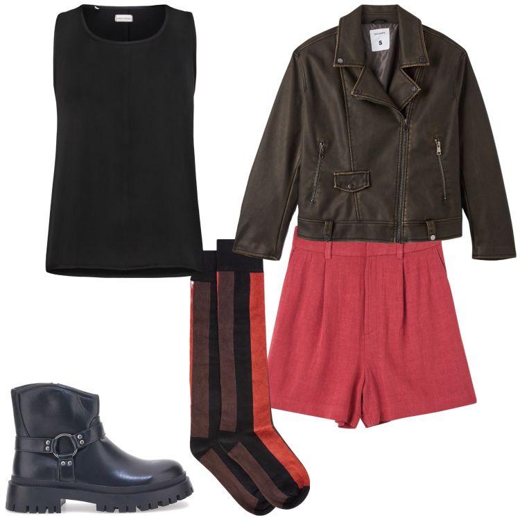 Outfit donna - Total look. Stile Casual per Tutti i giorni. Abbinamento con bermuda, giacche, stivaletti, top, collant.