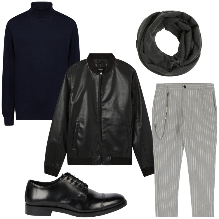 Outfit uomo - Pelle e stringate. Stile Trendy per Serata speciale. Abbinamento con bomber, sciarpe, pantaloni, maglieria, scarpe stringate.