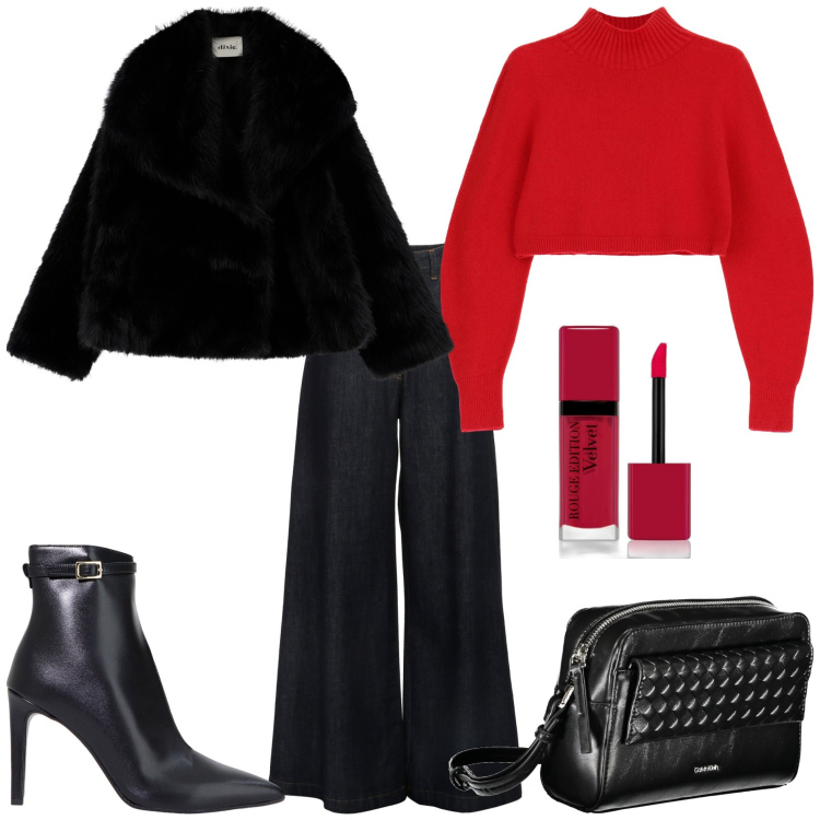 Outfit donna - Cosy Christmas style. Stile Trendy per Tutti i giorni. Abbinamento con rossetti, jeans, maglieria, stivaletti, ecopellicce, borse a tracolla.