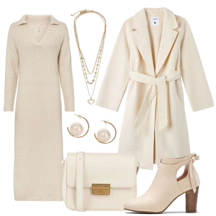 Outfit donna - Bianco Natale. Stile Chic per Tutti i giorni. Abbinamento con stivaletti, vestiti, borse a tracolla, cappotti, collane, orecchini.