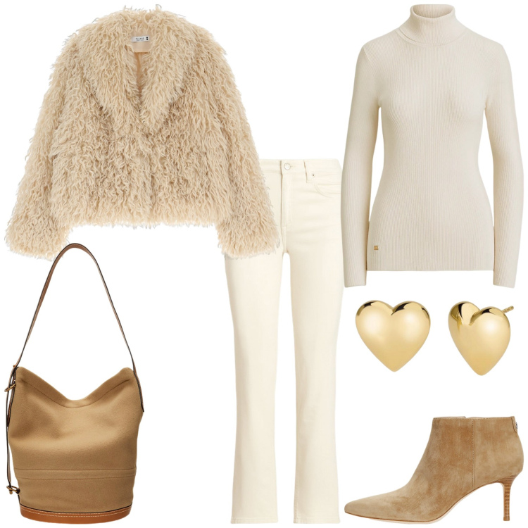 Outfit donna - Neutral color for Christmas. Stile Glamour per Tutti i giorni. Abbinamento con orecchini, blazer, jeans dritti, stivaletti, borse a mano, maglieria.