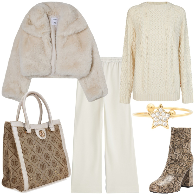Outfit donna - Colori neutri forme morbide. Stile Trendy per Tutti i giorni. Abbinamento con blazer, stivaletti, pantaloni a palazzo, anelli, borse a spalla, maglieria.