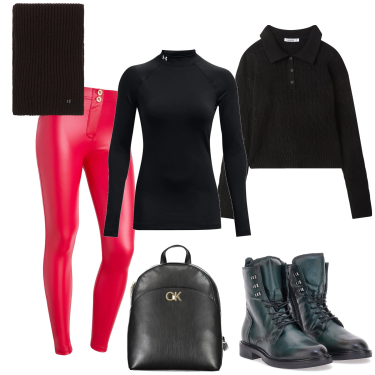 Outfit donna - I leggings in ecopelle rossi. Stile Trendy per Tutti i giorni. Abbinamento con polo, sciarpe, pantaloni skinny, pullovers, zaini, anfibi.