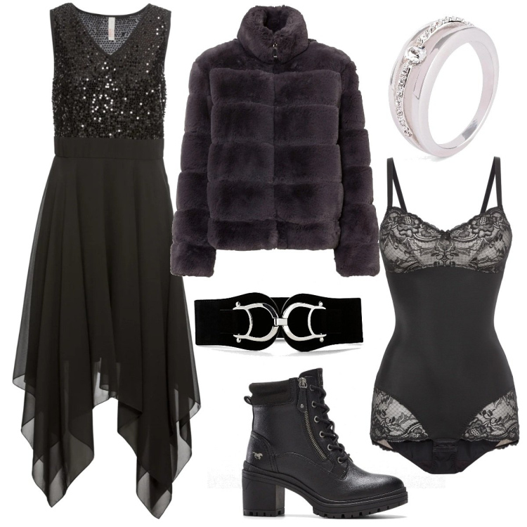 Outfit donna - Bonprix party glam. Stile Glamour per Serata fuori. Abbinamento con body, ecopellicce, anelli, cinture, vestiti midi/longuette, stivaletti.