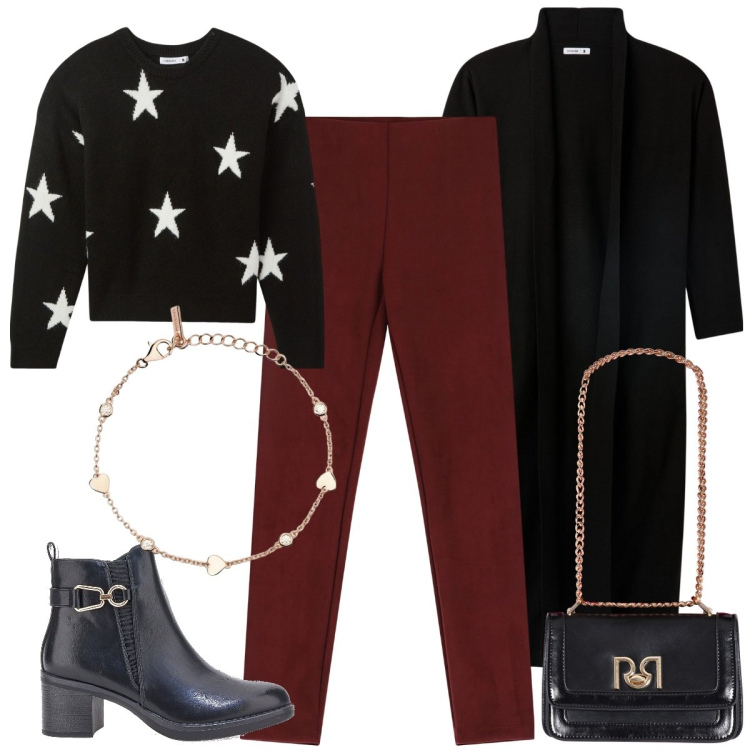 Outfit donna - Cozy Christmas Style. Stile Casual chic per Serata fuori. Abbinamento con cardigans, maglieria, braccialetti, borse a tracolla, pantaloni, stivaletti.