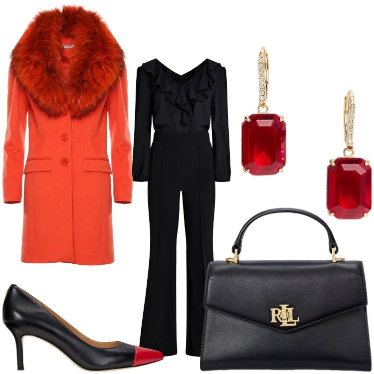 Outfit donna - Tanti auguri. Stile Chic per Serata fuori. Abbinamento con tute, cappotti, borse a mano, décolleté, orecchini.