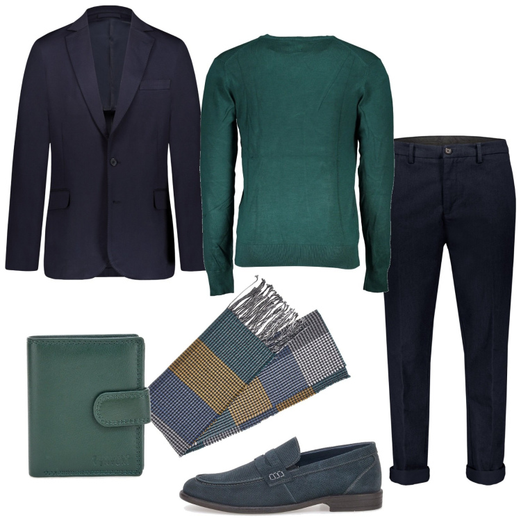 Outfit uomo - Blu & Verde bottiglia per l\'ufficio. Stile Business/Elegante per Ufficio. Abbinamento con pantaloni, giacche, sciarpe, scarpe stringate, maglieria, portafogli.