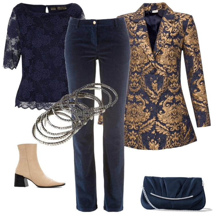 Outfit donna - Il blazer damascato. Stile Glamour per Serata fuori. Abbinamento con pochette, cappotti, bluse, pantaloni, braccialetti, stivaletti.