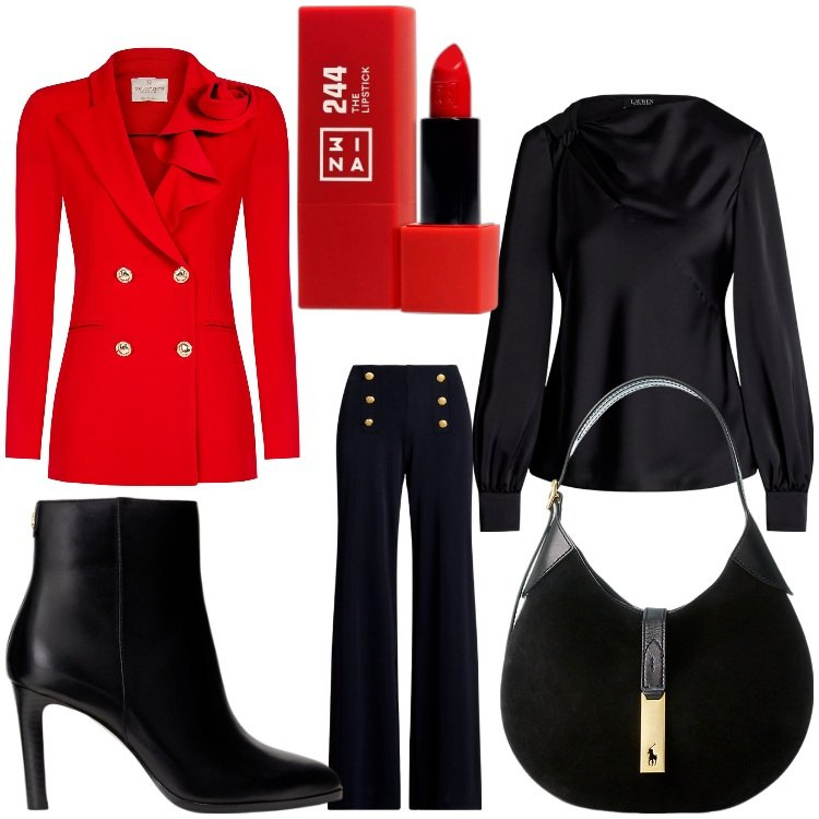 Outfit donna - Xmas. Stile Chic per Serata fuori. Abbinamento con rossetti, blazer, camicie, pantaloni, stivaletti, borse a spalla.