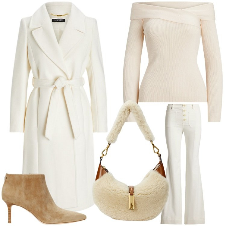 Outfit donna - White Xmas. Stile Chic per Serata fuori. Abbinamento con cappotti, stivaletti, pantaloni, borse a spalla, maglieria.
