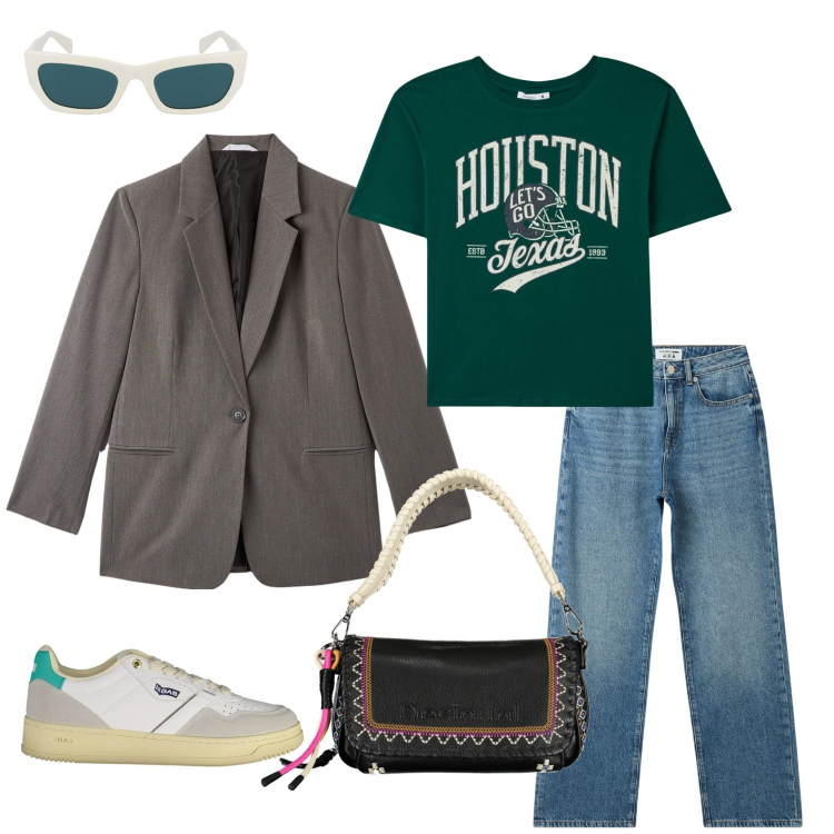 Outfit donna - Street style. Abbinamento con t-shirt, blazer, jeans dritti, borse a spalla, occhiali da sole, sneakers.