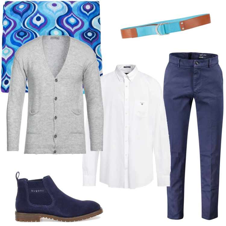 Outfit uomo - Accessori turchese. Stile Casual per Ufficio. Abbinamento con cardigans, cinture, camicie, sciarpe, stivali e stivaletti, pantaloni.