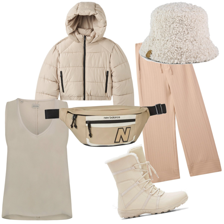 Outfit donna - Calda passeggiata. Stile Trendy per Tutti i giorni. Abbinamento con stivaletti, marsupi, pantaloni, blazer, top, cappelli.