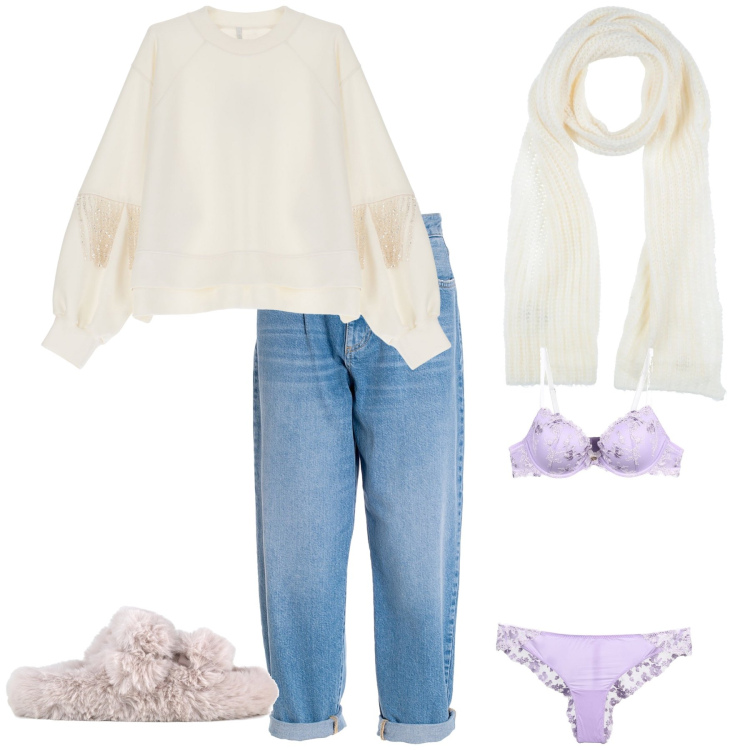 Outfit donna - In casa di domenica. Stile Basic per Tutti i giorni. Abbinamento con reggiseni, sciarpe, jeans, felpe, ciabatte.