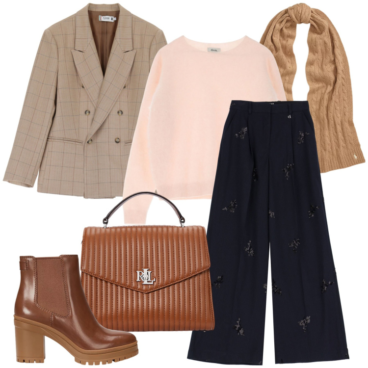 Outfit donna - Per le vie del centro. Stile Trendy per Tutti i giorni. Abbinamento con blazer, pullovers, pantaloni, sciarpe, borse a mano, stivaletti chelsea.