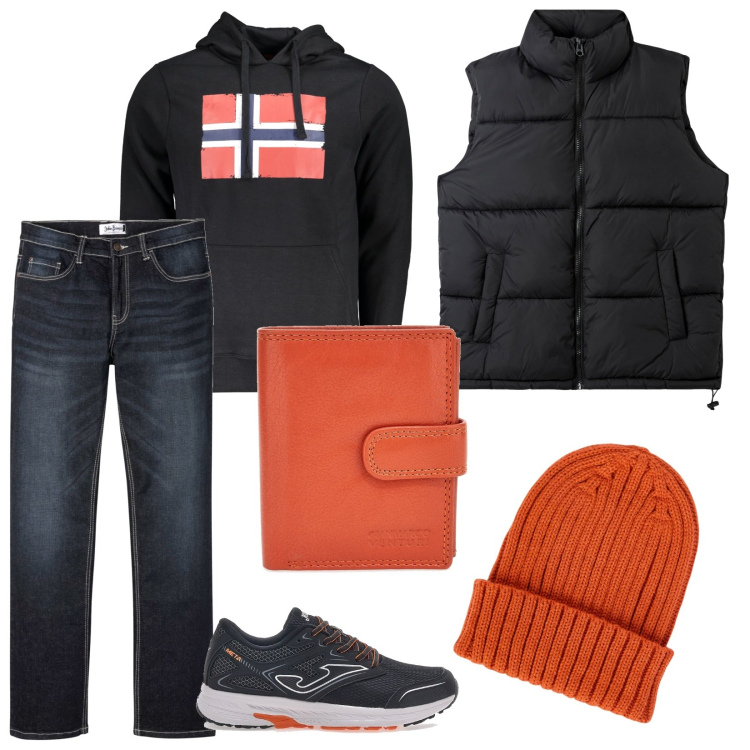 Outfit uomo - Accessori arancione. Stile Casual per Tutti i giorni. Abbinamento con jeans bootcut, piumini, sneakers, portafogli, felpe con cappuccio, berretti.