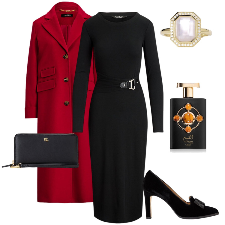 Outfit donna - Chic per Natale. Stile Chic per Serata fuori. Abbinamento con profumi, anelli, vestiti, pochette, cappotti, décolleté.
