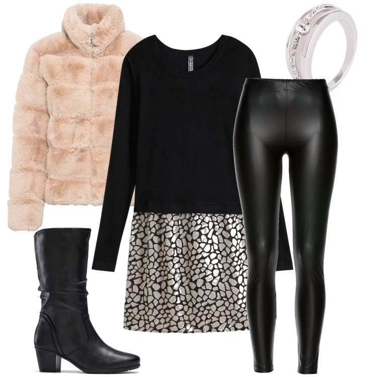 Outfit donna - Bonprix party glam. Stile Preppy per Serata fuori. Abbinamento con ecopellicce, anelli, stivali, maglieria, treggings.