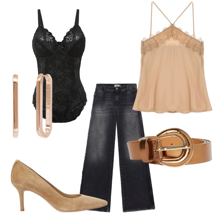 Outfit donna - Cosy Christmas Style. Stile Chic per Serata fuori. Abbinamento con body, jeans, orecchini, top, décolleté, cinture.