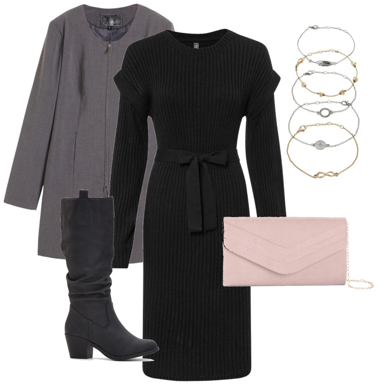 Outfit donna - L’abito a coste. Stile Bon Ton per Serata fuori. Abbinamento con braccialetti con ciondoli, stivali, vestiti, blazer, pochette.
