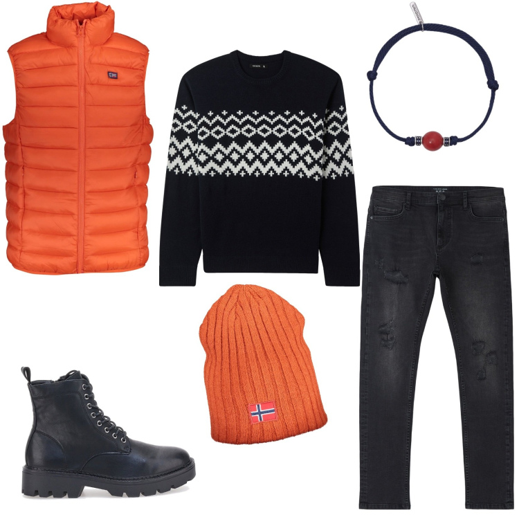 Outfit uomo - Casual con il maglione nero. Stile Casual per Tutti i giorni. Abbinamento con jeans strappati, maglieria, braccialetti, anfibi, giacche, berretti.