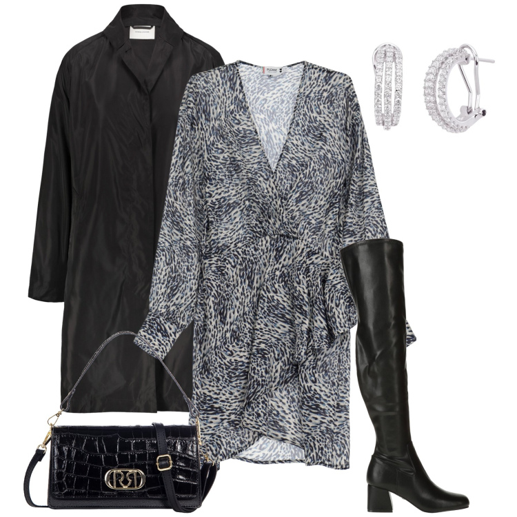 Outfit donna - Il vestito zebrato. Stile Sexy per Serata fuori. Abbinamento con stivali sopra il ginocchio, orecchini, borse a tracolla, vestiti corti, trench.