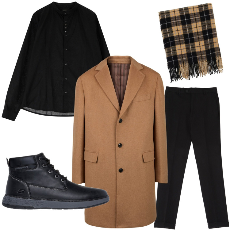 Outfit uomo - Dicembre glam. Stile Trendy per Serata speciale. Abbinamento con sciarpe, pantaloni, camicie, stivali e stivaletti, cappotti.