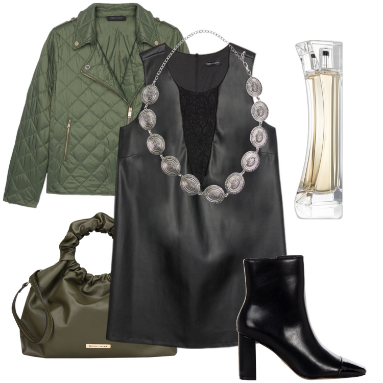 Outfit donna - Il minidress in ecopelle. Stile Rock per Serata fuori. Abbinamento con borse a mano, profumi, cinture, stivaletti, vestiti senza maniche, piumini.