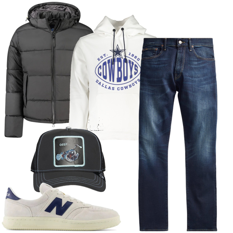 Outfit uomo - Una tranquilla domenica. Stile Urban per Tutti i giorni. Abbinamento con sneakers, jeans, cappelli, giacche, felpe con cappuccio.