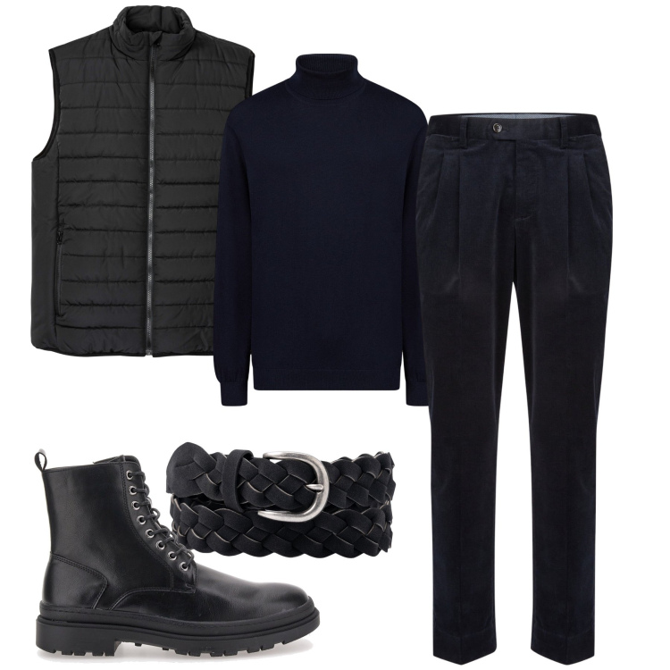Outfit uomo - Only black. Stile Business/Elegante per Serata speciale. Abbinamento con gilet, anfibi, cinture, maglieria, pantaloni.